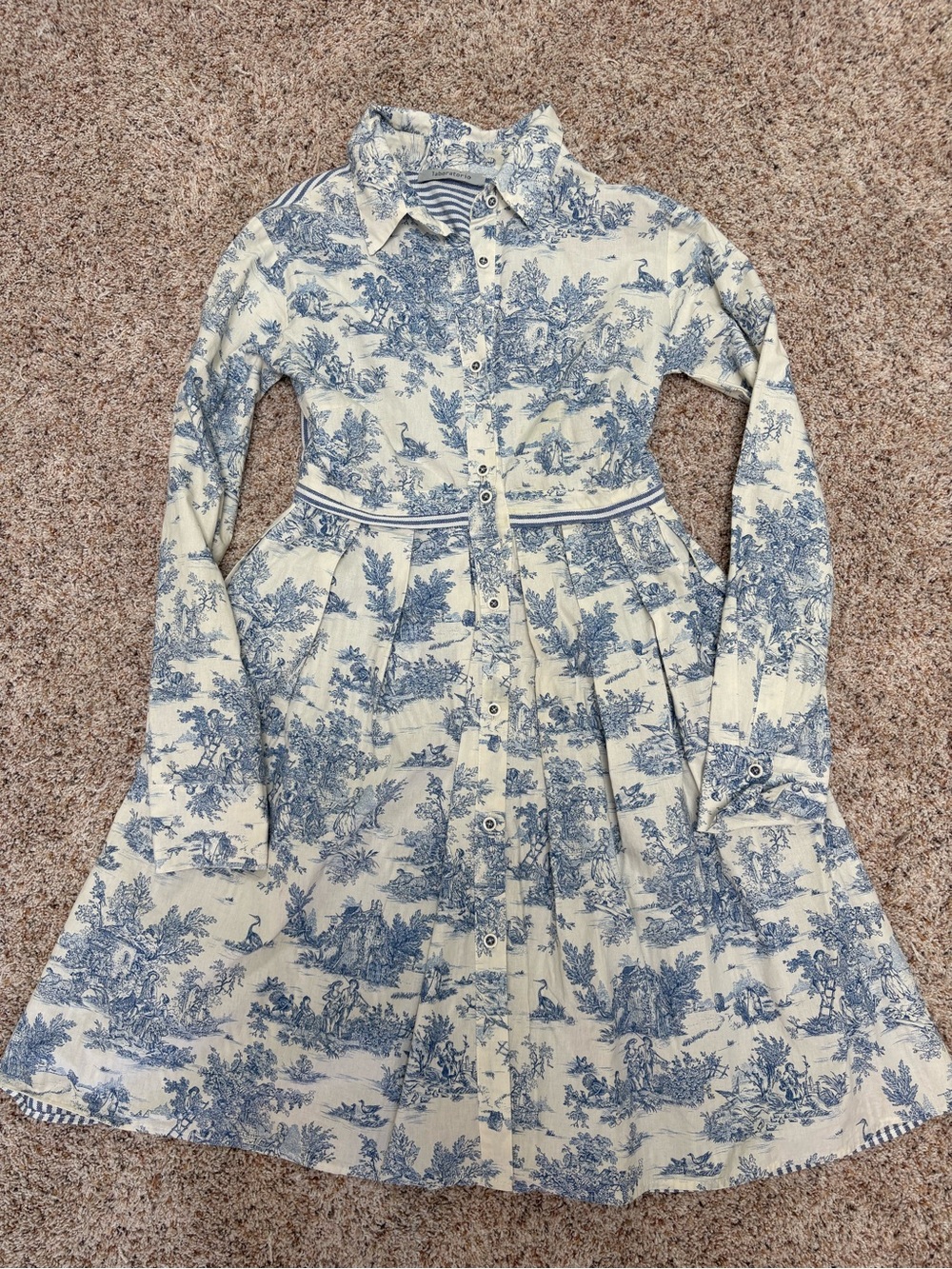 Laboratorio Capri Blue Toile Button-Front Shirt Dress VGUC pockets cotton